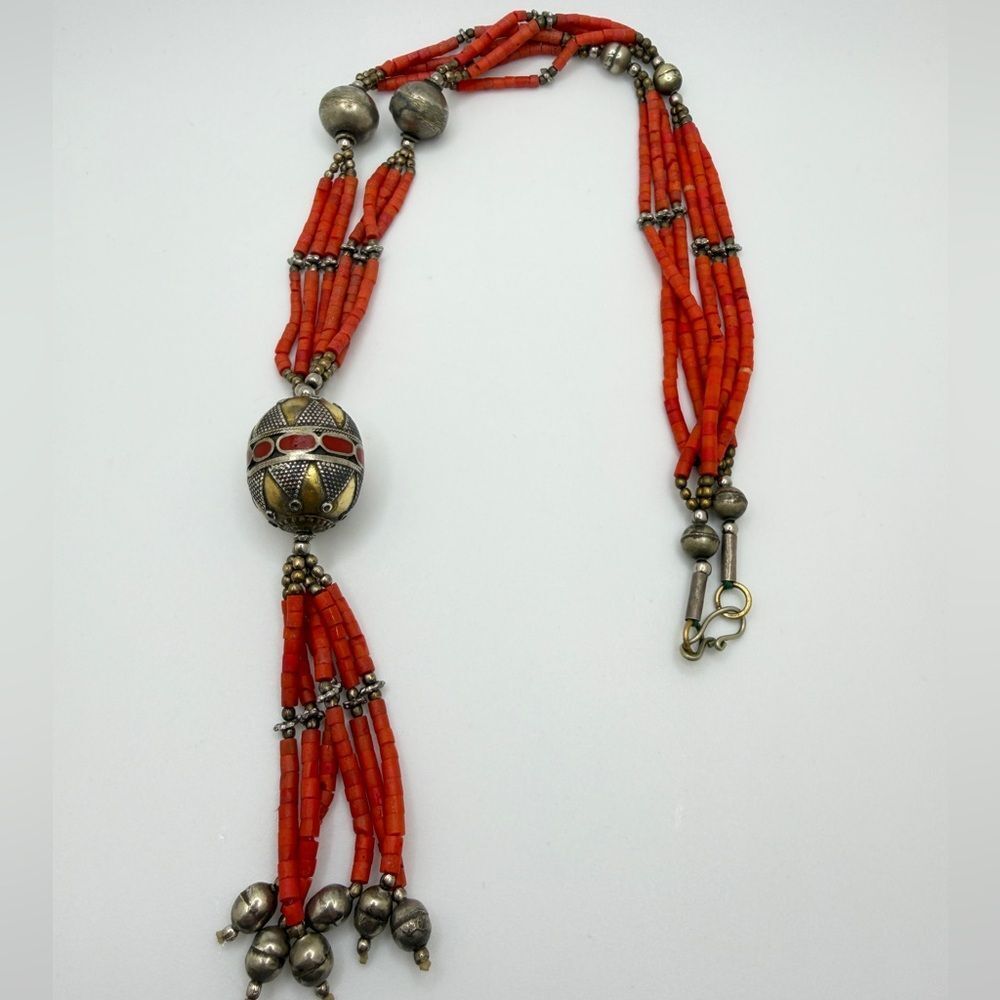 ~22" Antique? Multi-strand heishi coral beaded w/ 925 tassel necklace!
